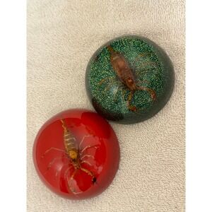 Set of 2 Resin Paperweight Scorpions Encased Half Dome Red Green Glitter Unique